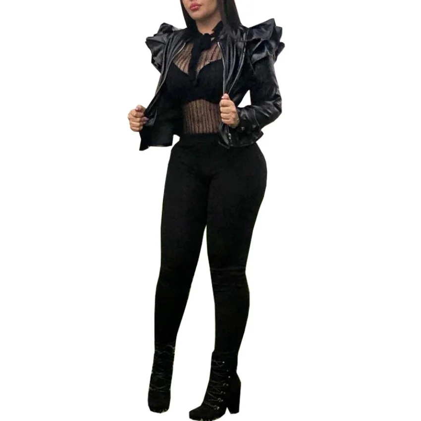 

Black Faux Leather Bomber Jacket Women Long Sleeve Zipper Ruffle Shrug Motorcycle Jackets Slim Short Coats and Jackets Outerwear