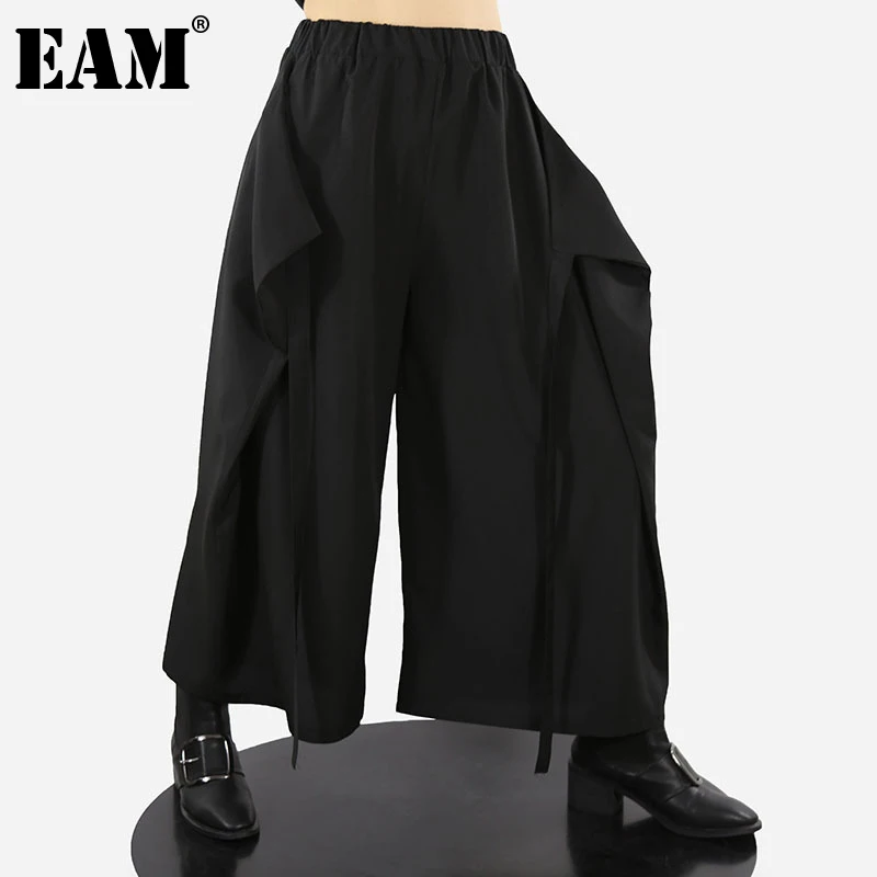

[EAM] Черные длинные брюки с высокой эластичной резинкой на талии, новые свободные брюки для женщин, модные весенне-осенние 2022 1DE4708