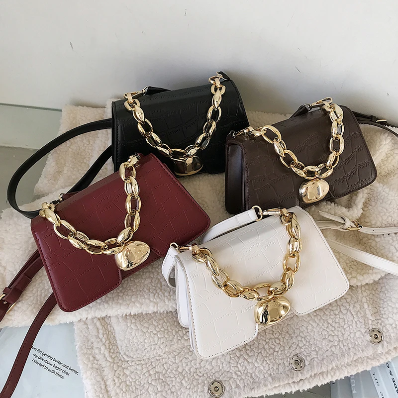 

Stone Pattern Thick Chain Tote Bags For Women 2021 Spring Fashion Small Crossbody Bags Branded Designer Female Handbags Purse