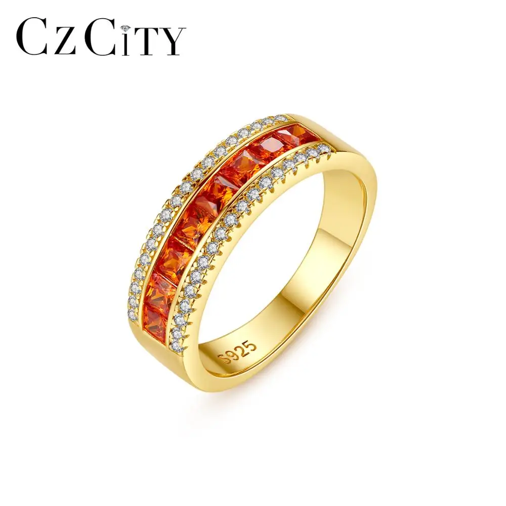 

CZCITY Orange Cutting Topaz 925 Silver Sterling Rings for Women paved Tiny Sparkling Ring Fine Jewelry Gifts SR0138