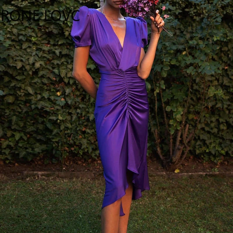 Женское однотонное элегантное платье средней длины с V-образным вырезом и