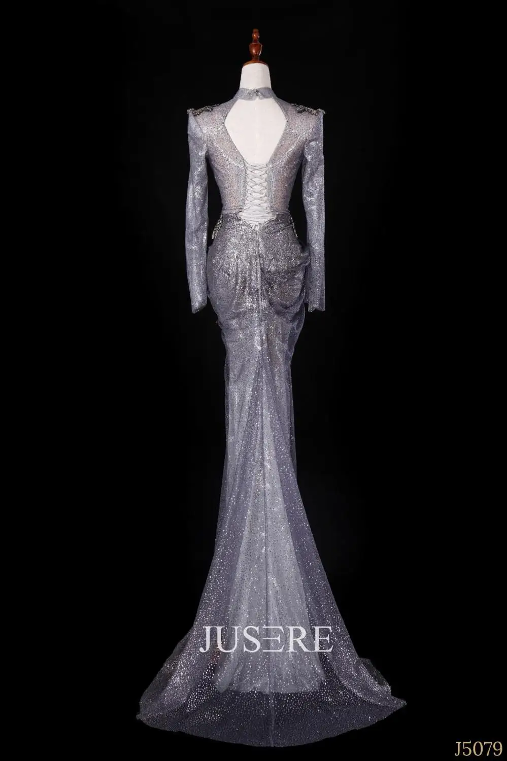 Blue grey color mermaid high collar long sleeves beading sequin lace up sweep train evening dress prom dress