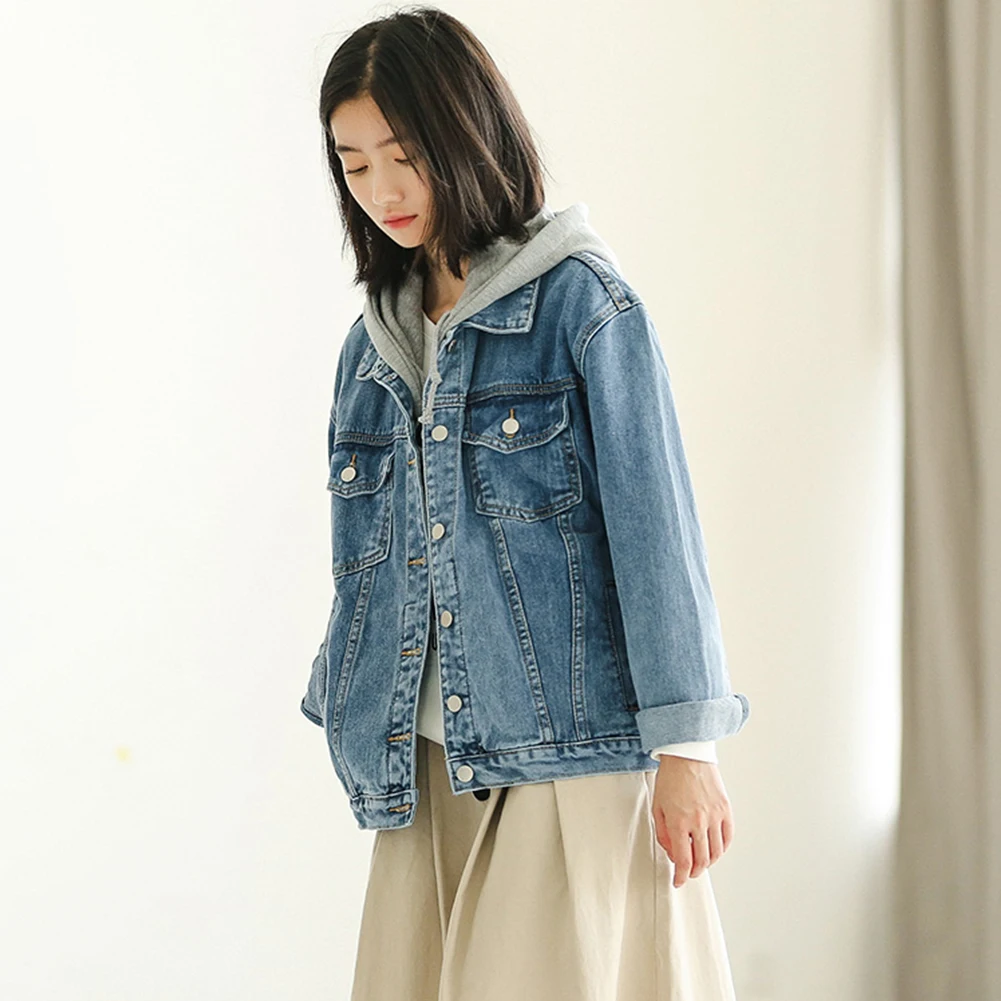 

Hooded Loose Autumn Button Long Sleeve Pocket Denim Casual Women Jacket
