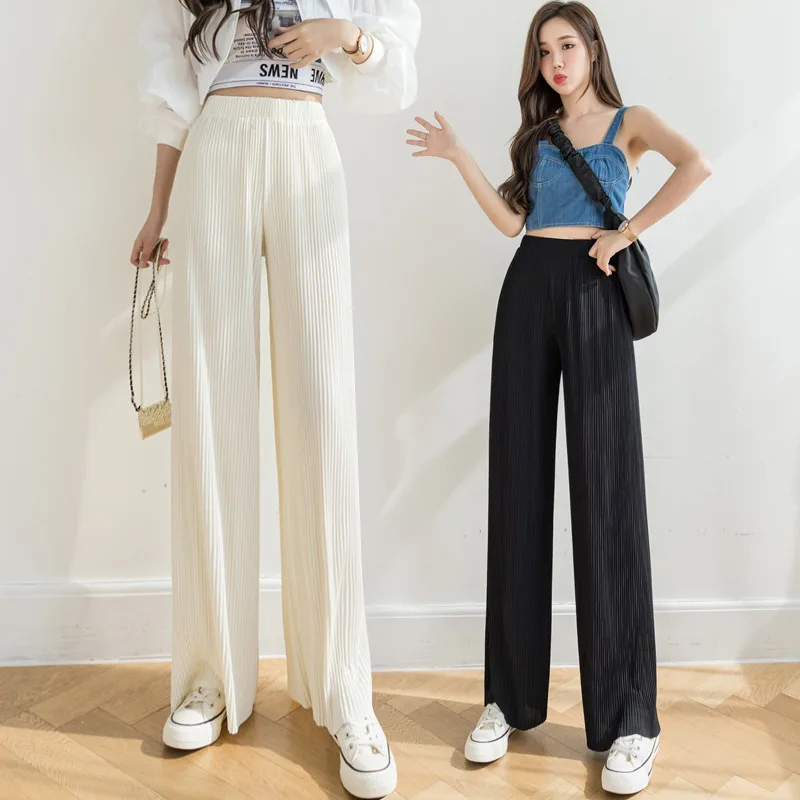 

Limiguyue Solid Summer Ice Silk Pleated Straight Pants Thin Women High Waist Wide Leg Capris Casual Drape Long Trousers K2328