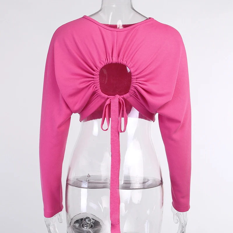 

2021 New Long Sleeve Crop Top Sexy O-neck Drawstring Hollow Out Sexy Women's T-shirts Autumn Fashion Casual New Soft Streetwear