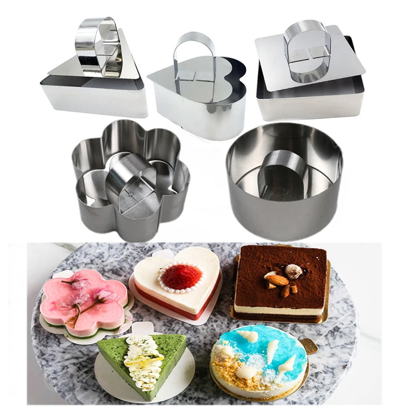 

5pcs/set Stainless Steel Mousse Ring Cake Cutter Mold Dessert Mold With Push Rod Lifter Kitchen Baking Sushi Tools