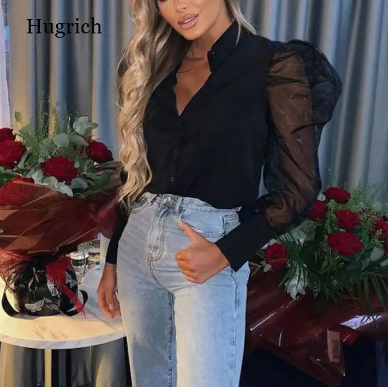 

2021New Womens Fashion Blouse Mesh Sheer Puff Sleeve V Neck Button Elegant Blouses Tops Ladies Shirts Blusas Black White