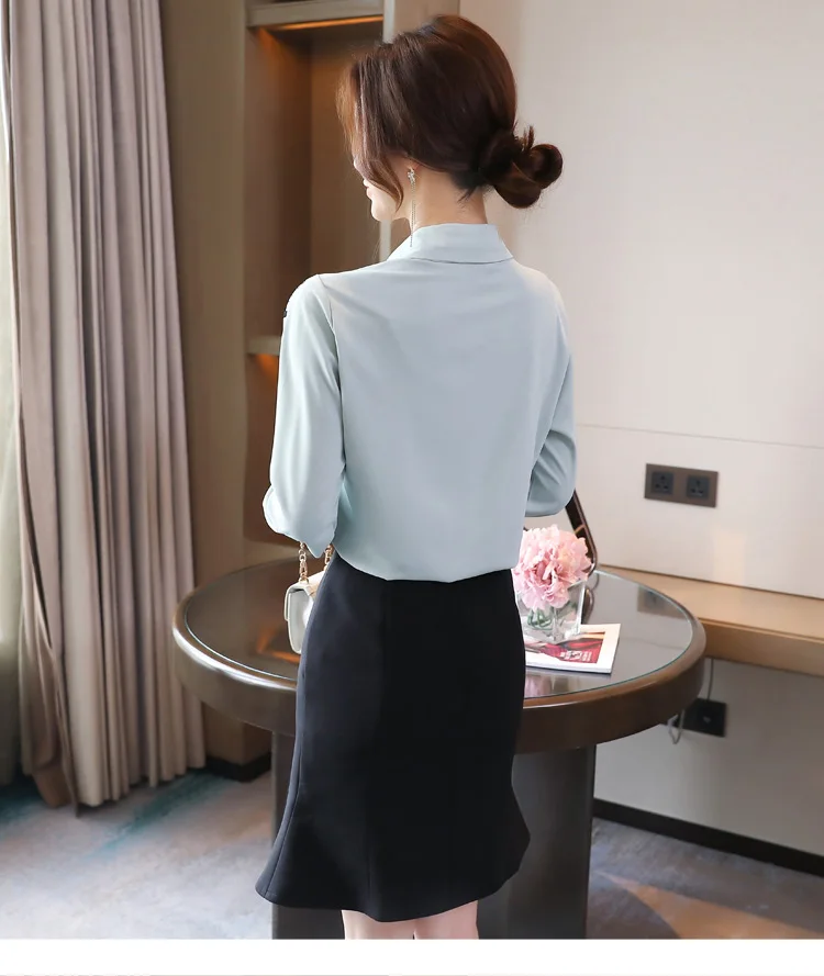 

Houthion Silk Women's Blouse Fashion Casual Silk Shirt New Long Sleeved Top Korean Style Printed Blusas Button Office Lady
