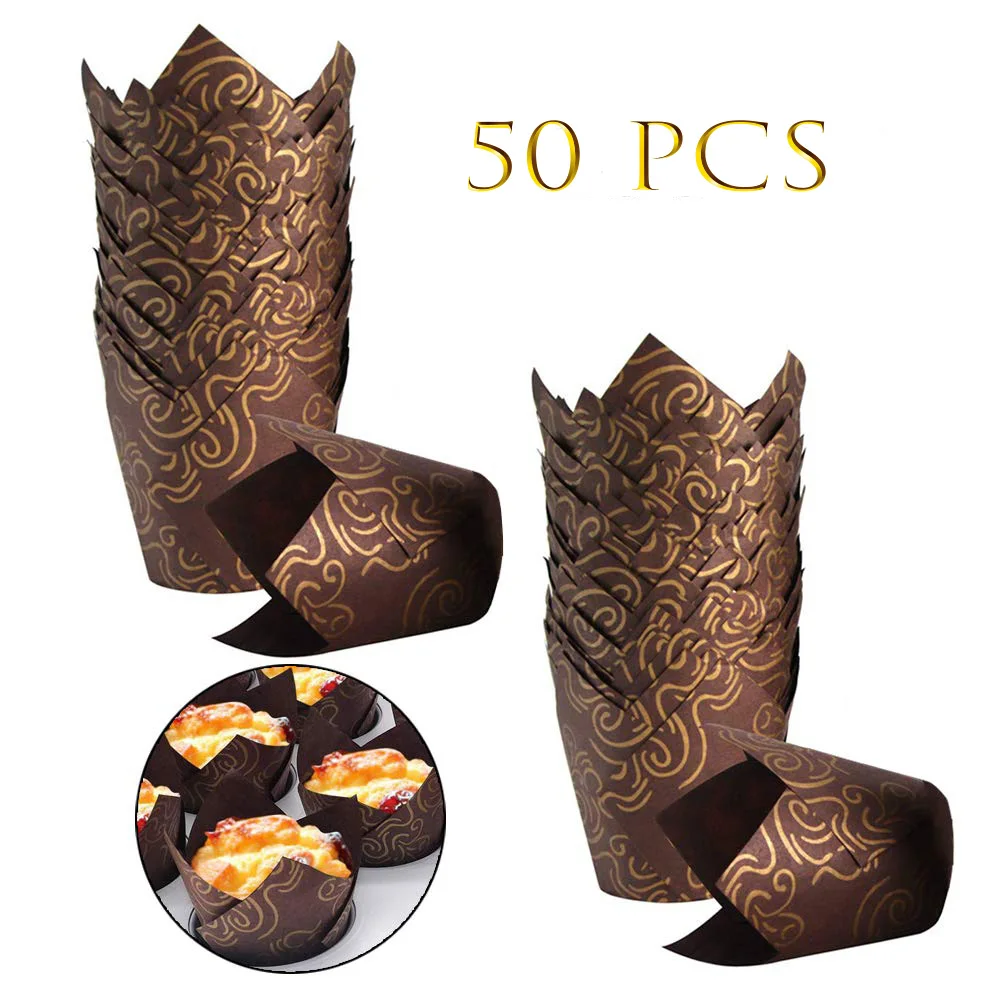 50 Pieces Tulip Cupcake Liner Baking Cups Paper Cupcake Muffin Wrappers Baking Cups Golden Printed for Weddings Birthday Party