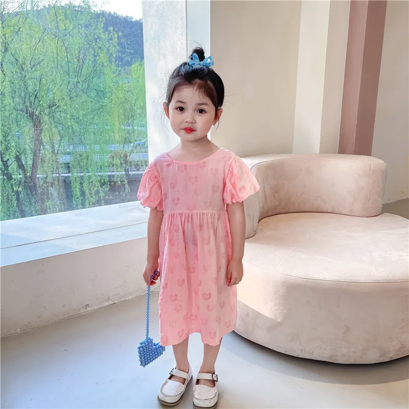 

2021 Girls dress pink colour backless love heart all over printed princess baby girls dresses