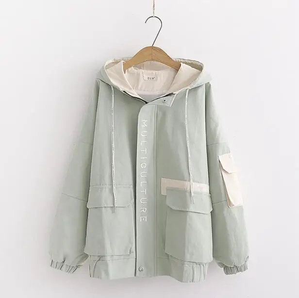 light green Осенний женский основной куртка на молнии с капюшоном и вышивкой, контрастный цвет, карманы, верхняя одежда, свободные, большие размеры, Chothing YoYiKamomo - Цвет: light green