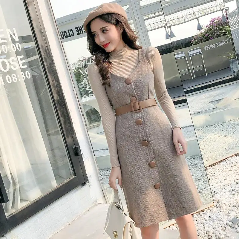 Весна Осень 2020 женская трикотажная футболка с длинными рукавами + платье из