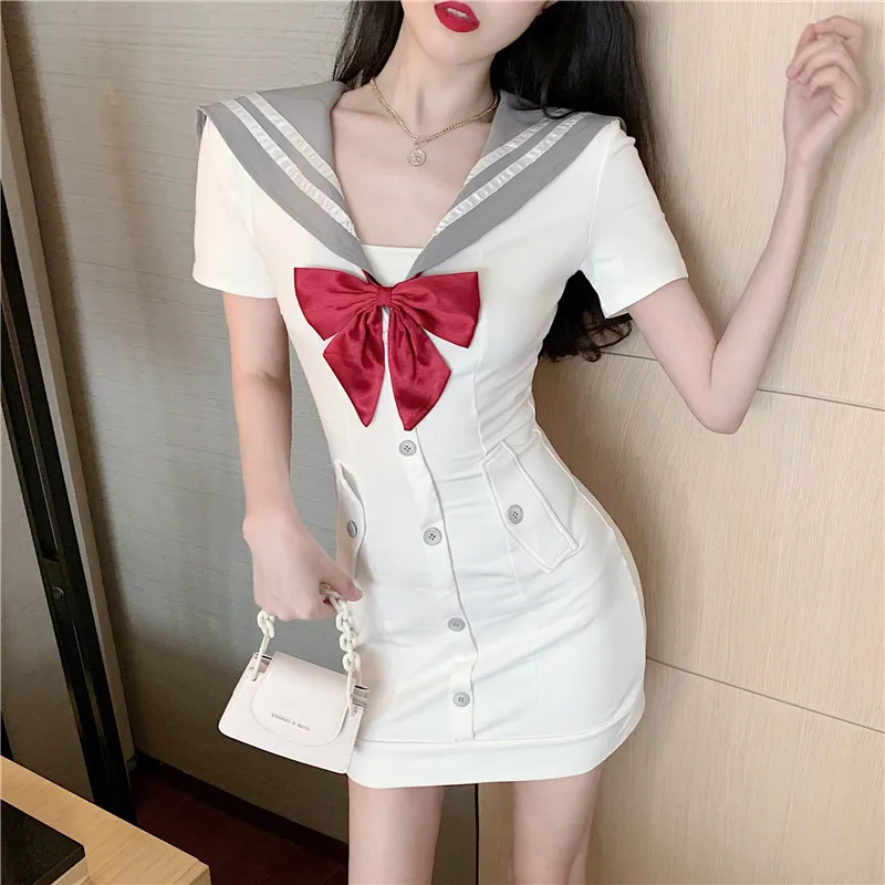 

Summer Girls Mini Dress Ladies College Style Navy Collar Slim Tight Bowtie Bodycon Dress Students Short Sleeved Dress Vestidos