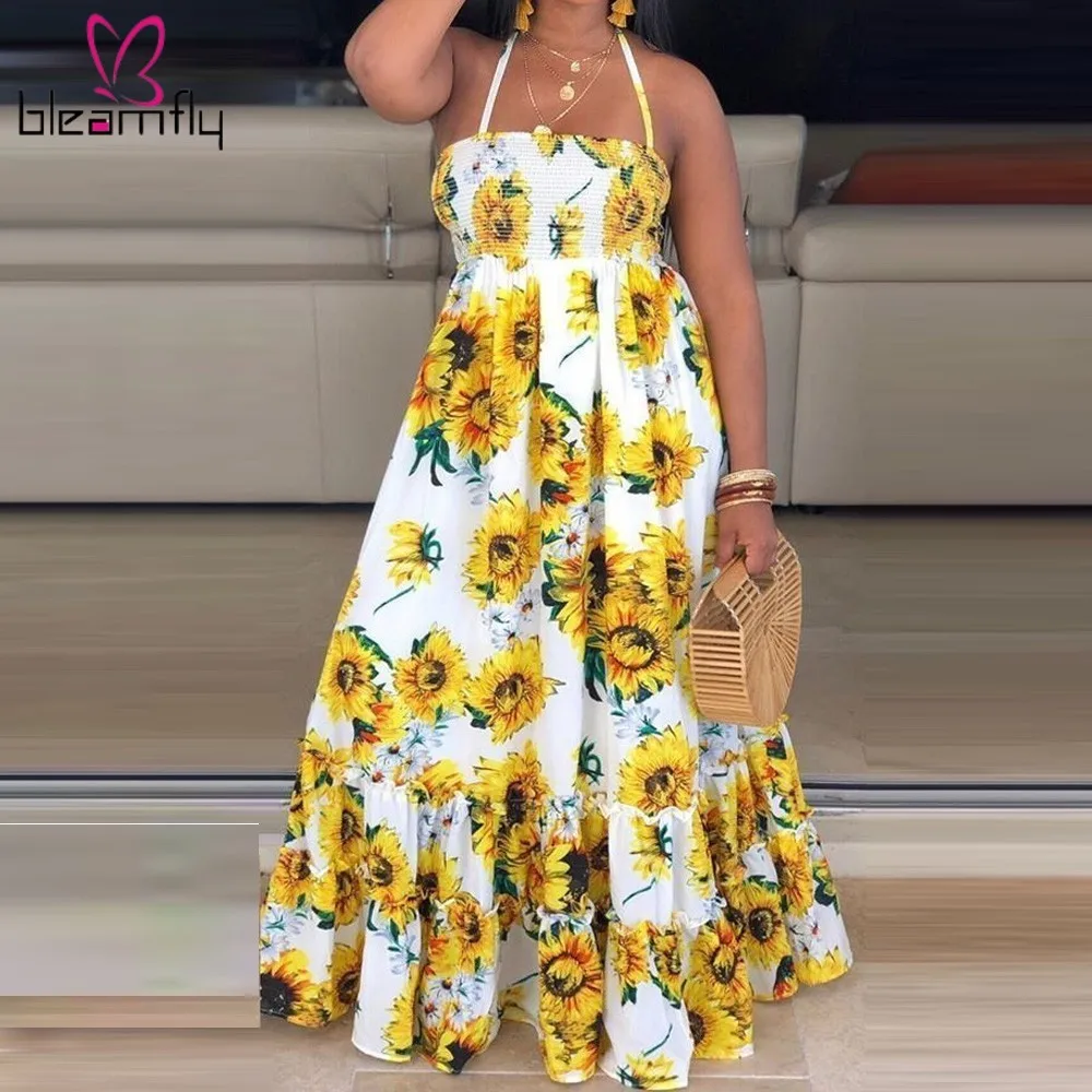 Длинное платье в стиле бохо с принтом подсолнуха женские сексуальные вечерние