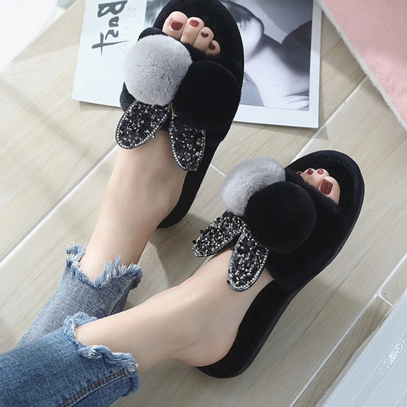 Зимние теплые Нескользящие милые меховые домашние тапочки с кроличьими ушками