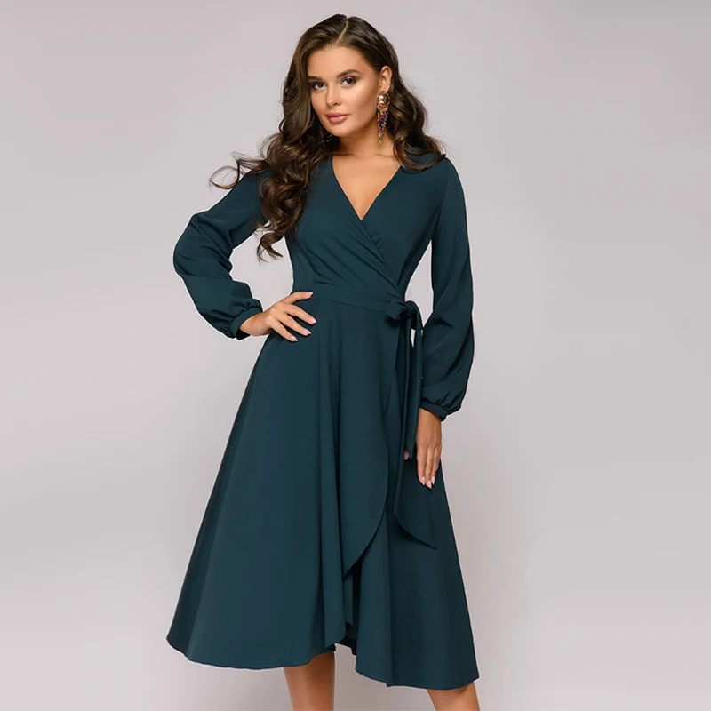 

Women Casual Solid Sashes Dress Sexy V Neck Lantern Long Sleeve Elegant Dress 2020 Autumn Fashion Midi Length A Line Party Dress