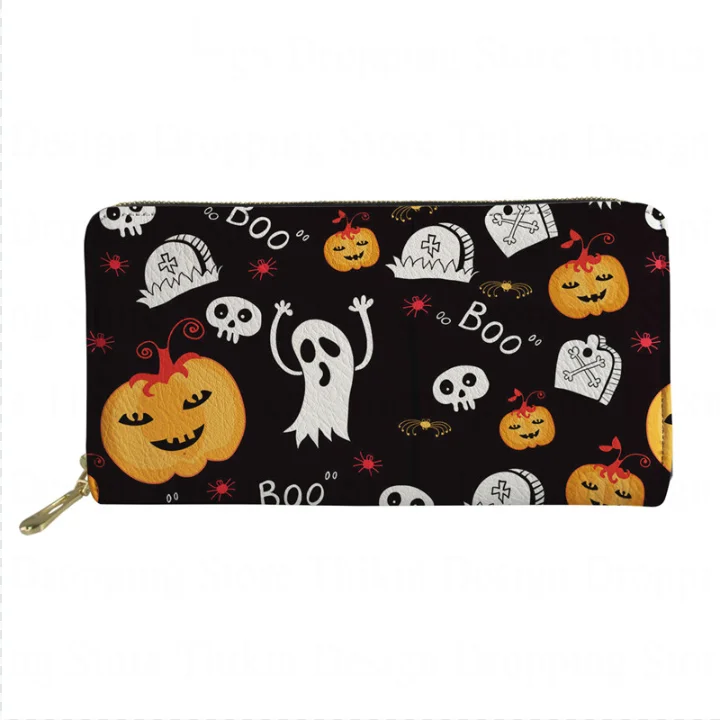 Funny Halloween Skull Printing Women Thin Purse Fashion Black Phone Wallet with Coin Pocket Money Bag Leather Carteras