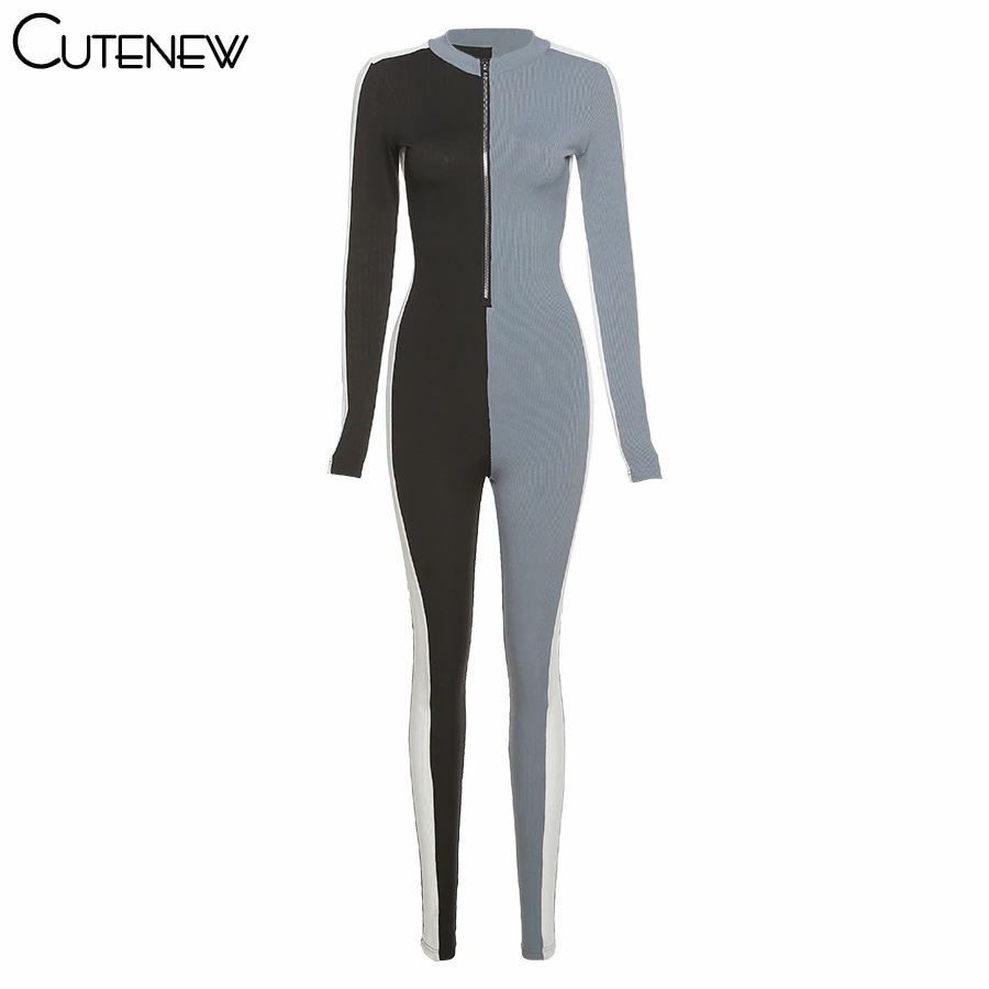 

Cutenew Ribbed Jersey Patchwork Jumpsuits Women's 2021 Spring Rompers Casual High Waist Stretchy Sportswear Female Slim Outfits