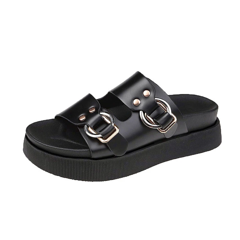 

Women Sandals 2021 Summer Fashion Slipper Outdoor Female Chunky Shoes Women Flat Metal Buckle Black Leather Platform Slides