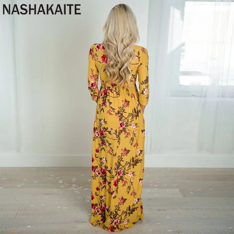 NASHAKAITE платья для мамы и дочки осень зима желтый цветочный принт три четверти длинное платье мама дочь семья лук