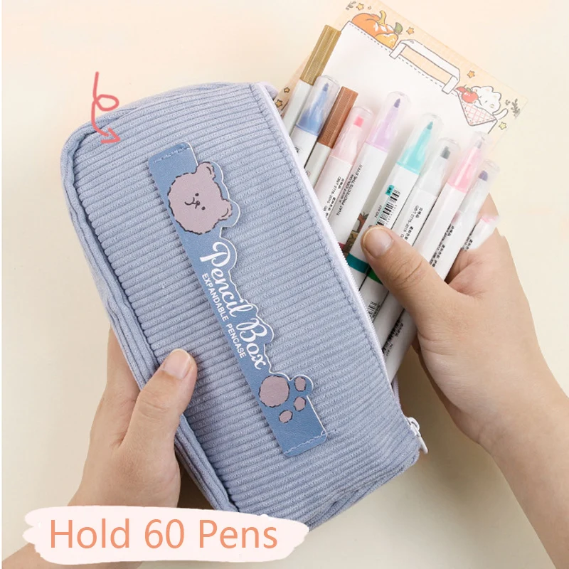 

Милый вельветовый чехол-карандаш с медведем для школы, Большой Вместительный чехол для ручки, большой милый чехол для девочек, корейские ка...