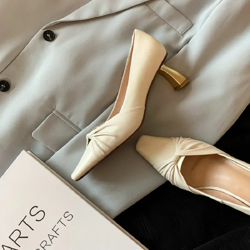 

Sianie Tianie 2021 Genuine Leather Pointed Toe Gold Strange High Heels Pleated Knot Purple Office Career Ladies Pumps Stilettos