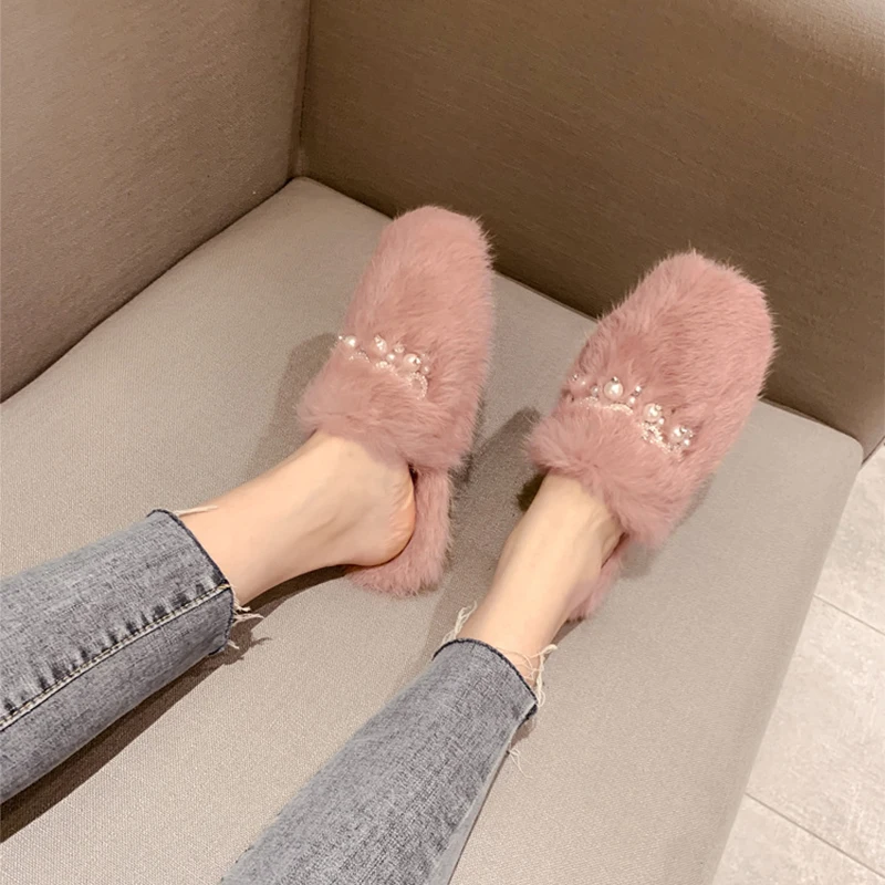 upscale genuine rabbit hair mules sliders flats women winter warm long fur pearl crystal slippers soft bottom non-slip flipflops | Обувь