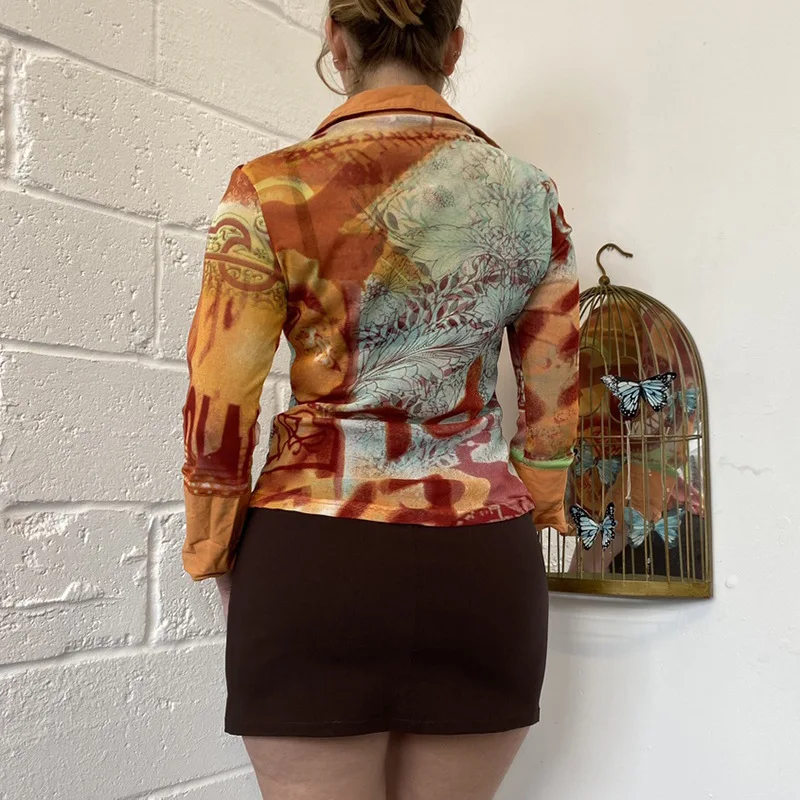 

NEONBABIPINK Orange Abstract Print Y2k Vintage Blouses Women Casual Long Sleeve Button Up Shirt Indie Aesthetic Clothes N84-CE20