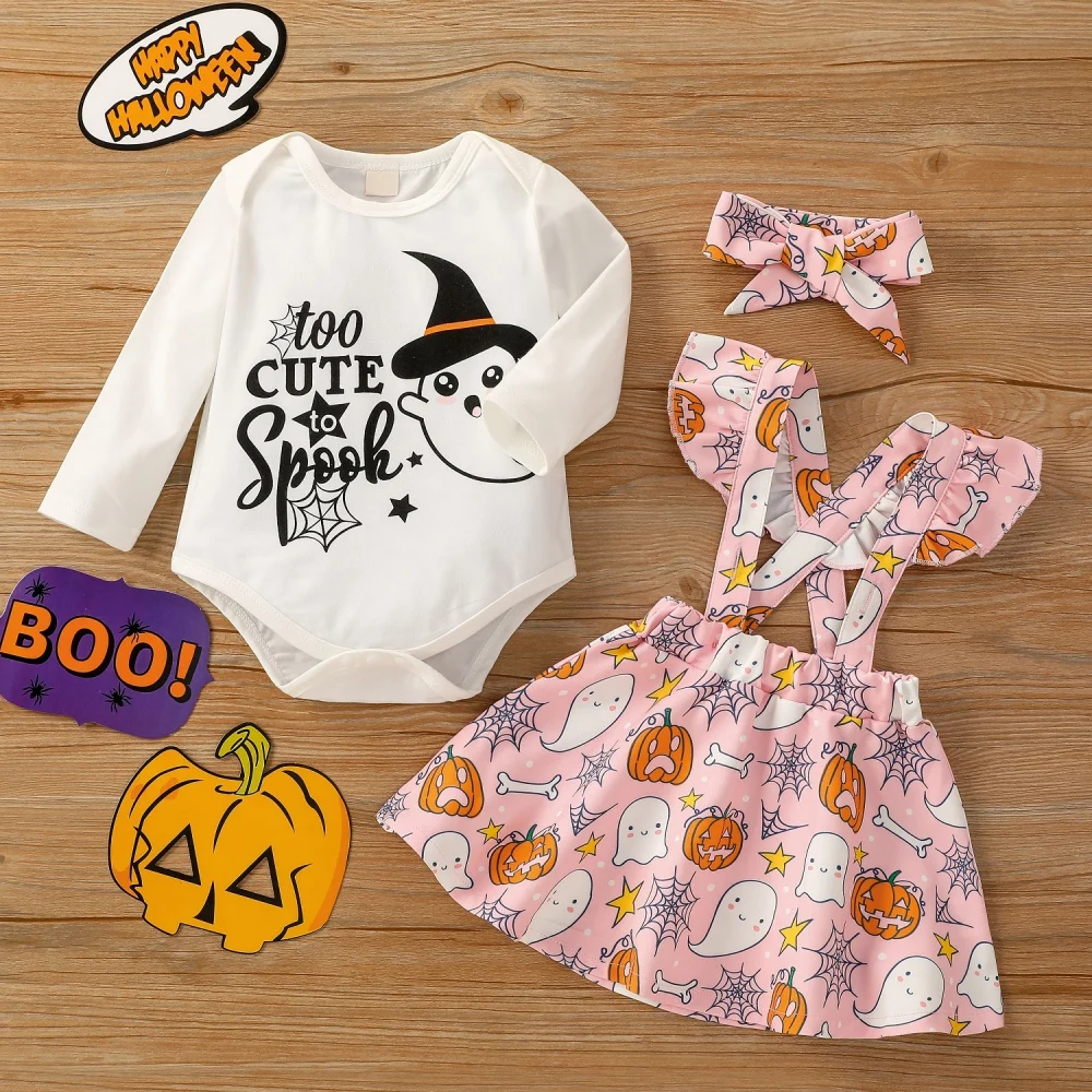 

Baywell/одежда на Хэллоуин для новорожденных девочек Комбинезон с буквенным принтом + платье на бретелях с рюшами в виде тыквы + повязка на голо...