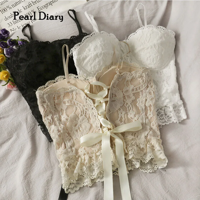 Купи Pearl Diary Women Lace Bustier Elastic Adjustable Strap Cropped Bra Tops Back Lace Up Details Sexy Slim Fit Tops With Inner Pad за 900 рублей в магазине AliExpress