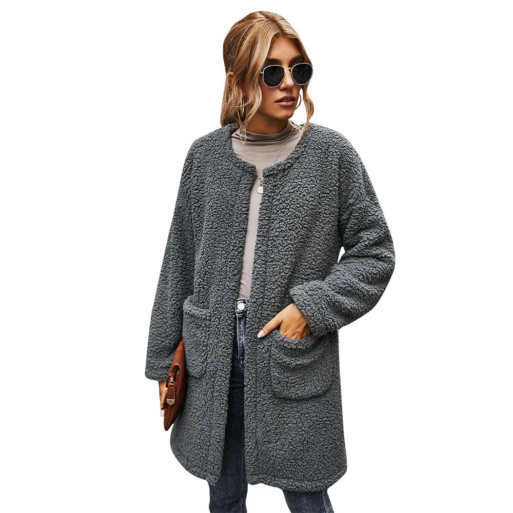 

DANJEANER 2020 Long Winter Coats Woman Faux Fur Warm Coat with Pockets Ladies Fur Teddy Jackets Plush Teddy Coat Slim Outwear