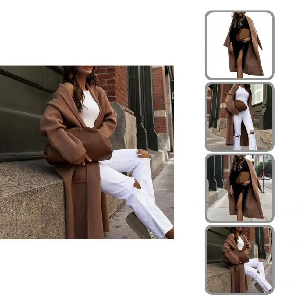 

Женское шерстяное пальто, свободное однотонное пальто до середины икры с большими карманами и защитой от ветра, повседневное пальто для раб...