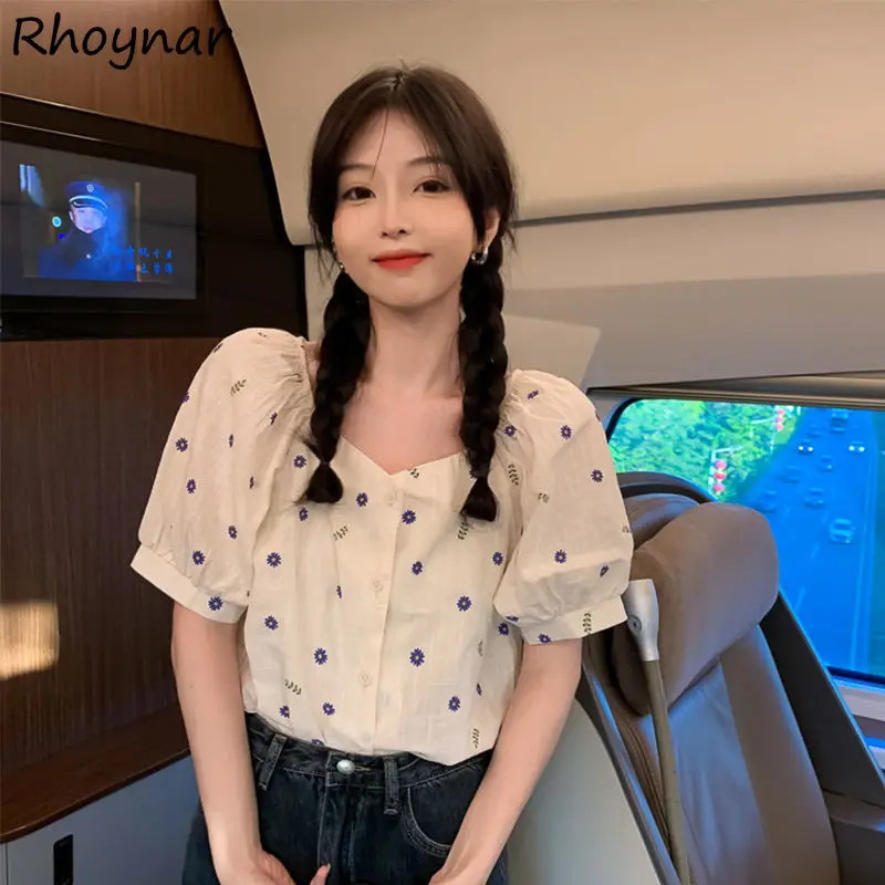 

Shirts Women Sweet All-match Leisure Fashion Holiday Puff Sleeve College Comfortable Female Single Breasted French Style Summer