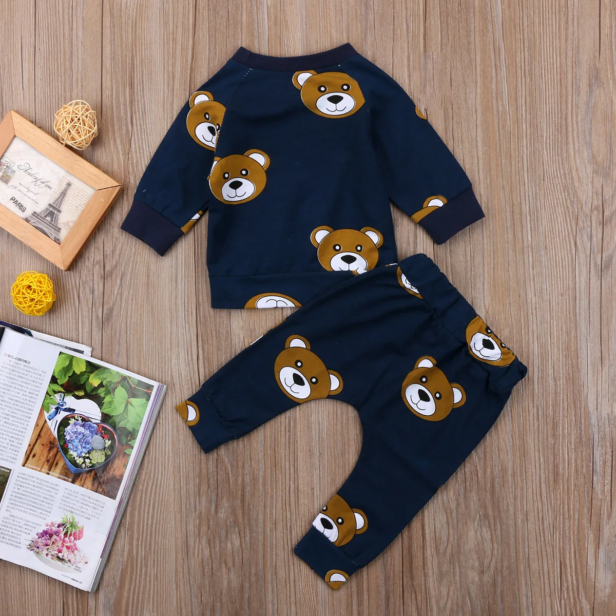 

2Pcs Cute Newborn Kids Infant Baby Boy Girl Bear Print Long Sleeve T-Shirt Tops Long Pants Outfits Clothes Set