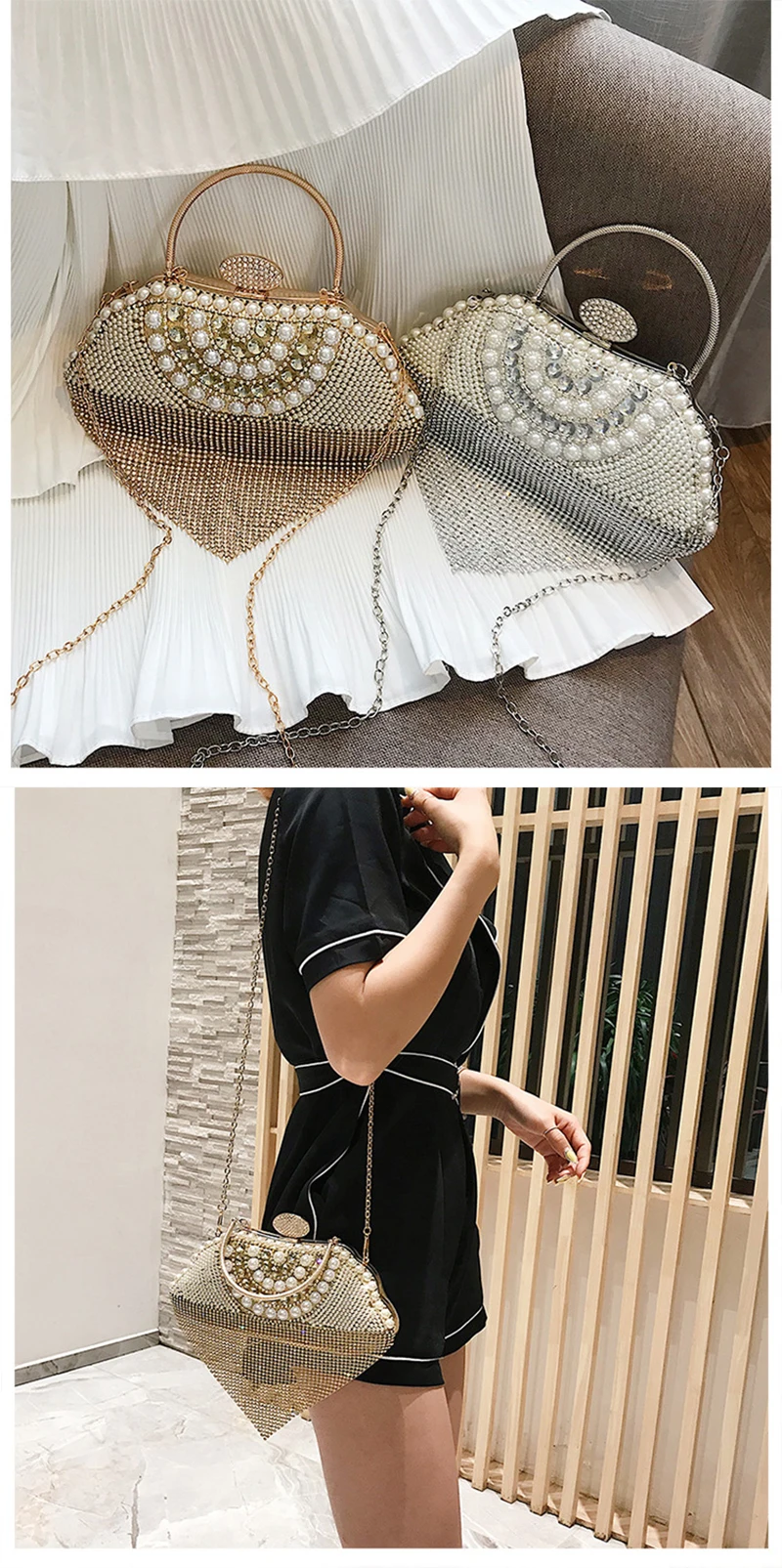 Newest tassel crystal women bag luxury imitation pearl evening bags wedding beaded day clutches small purse bag