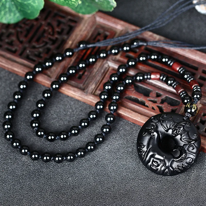 Ожерелье с бусинами из натурального черного обсидиана ручная работа кнопка