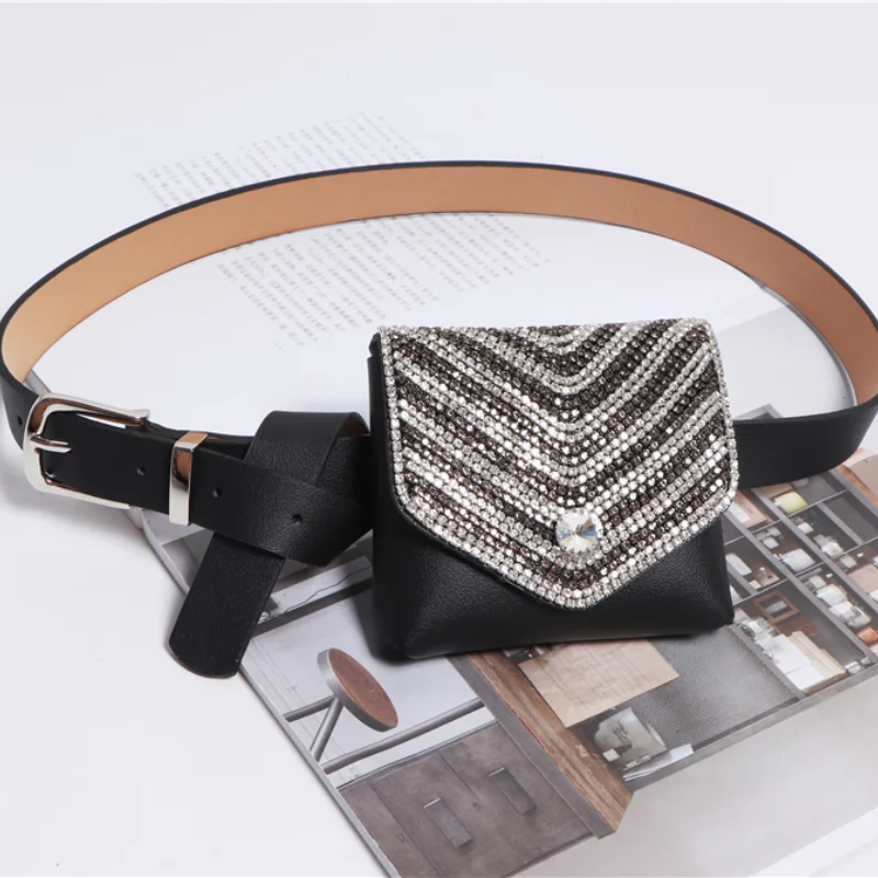 

Pu Leather Flash Drilling Mini-bag Long Adjustable Wide Belt Personality Women New Fashion Tide All-match Spring 2021