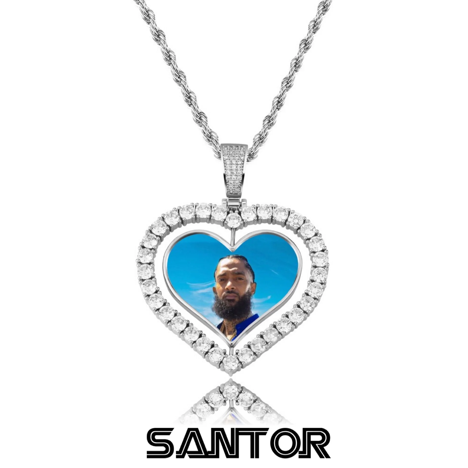 

Memorial Photo Custom Pendant Zircon Rhinstone Ice Out Heart Rotatable Pendant Necklace For Men Women Gift