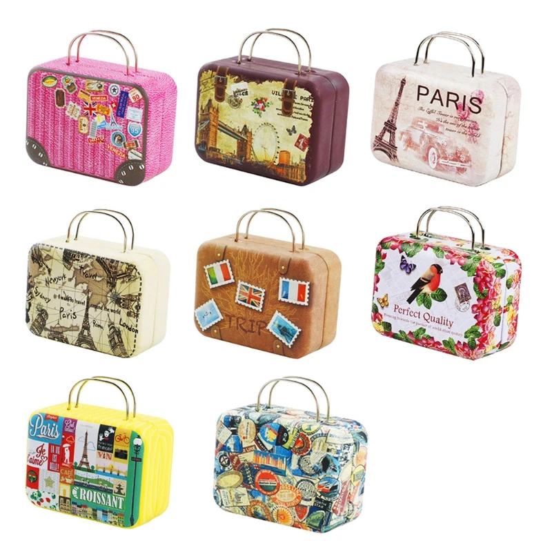 

Яркий металлический чемодан для кукольного домика, классические игрушки, аксессуары для мебели, миниатюрная переноска, винтажный прямоуго...