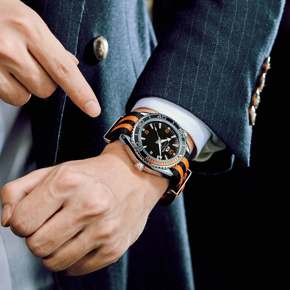 

Men Automatic Self Wind Mechanical Orange Black Blue Red Gray Canvas Strap Luxury Watch