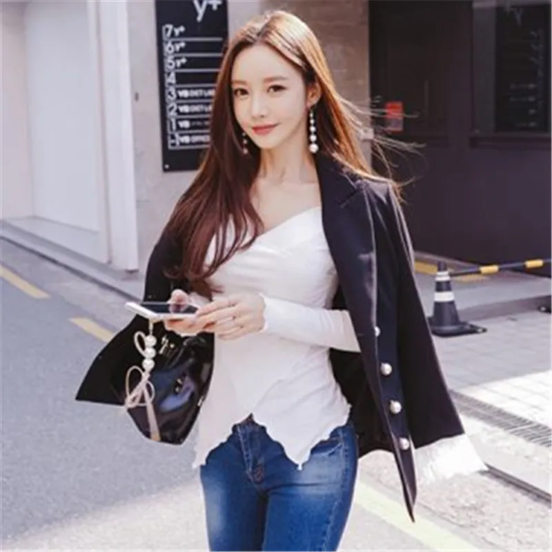 Женская эластичная футболка облегающий Топ с длинным рукавом в Корейском стиле