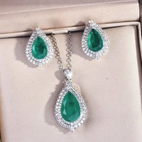 2 row cz 925 sterling silver luxury paraiba jewelry set women gemstone temperament earrings water drop emerald pendant necklace
