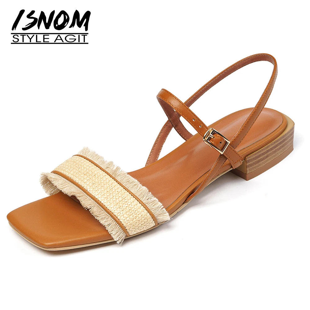 

Женские сандалии ISNOM 2021 из натуральной кожи с металлической пряжкой и ремешком на щиколотке, летние свадебные сандалии с квадратным носком