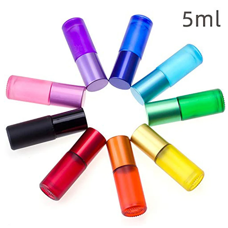 

50pcs 5ml Portable Frosted Colorful Essential Oil Perfume Thick Glass Roller Vial Travel Refillable Roll On Bottle