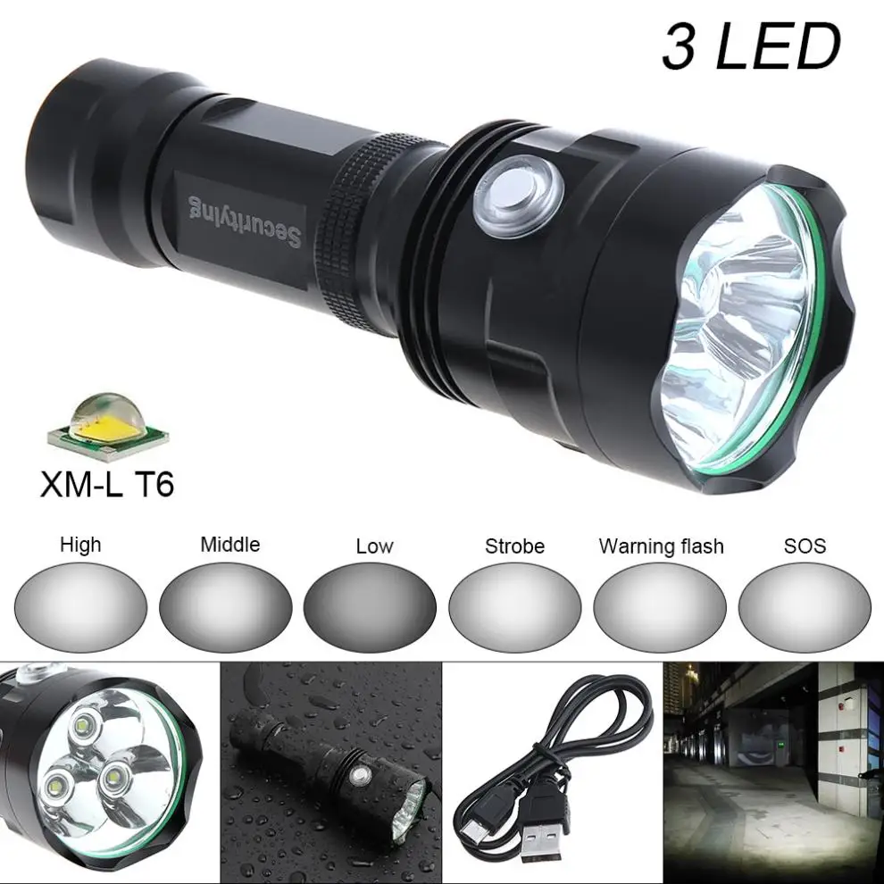 

SecurityIng Super Bright 3x XM-L T6 LED 2400 Lumens Waterproof Flashlight Torch with 6 Modes Light Support USB Charging