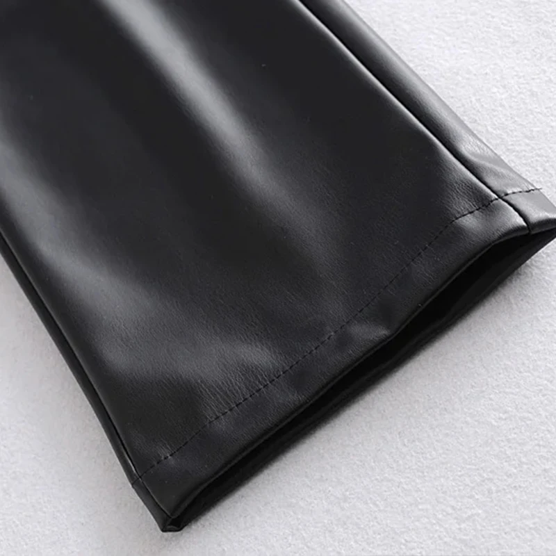 Женские прямые брюки Za из искусственной кожи зимние черные эластичные с высокой