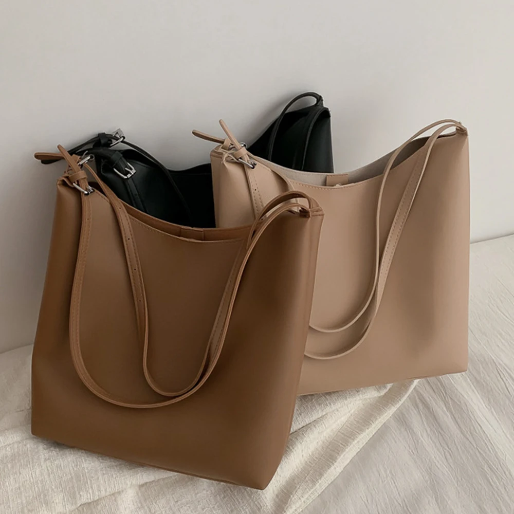 Fashion Pu Leather Composite Bags For Ladies Casual Solid Large Capacity Bucket Bags For Women Simple Vintage Messenger Bags New
