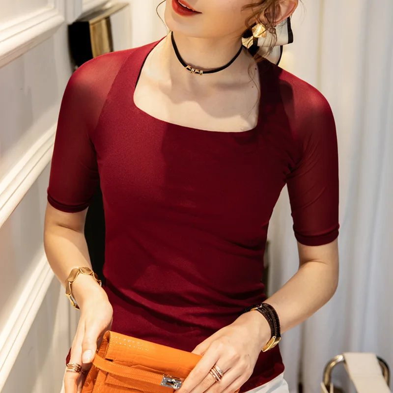Women Soft Cotton T-shirt Half Sleeve Square Collar Solid color Lady Basic Shirt  For Spring & Autumn Causal Top