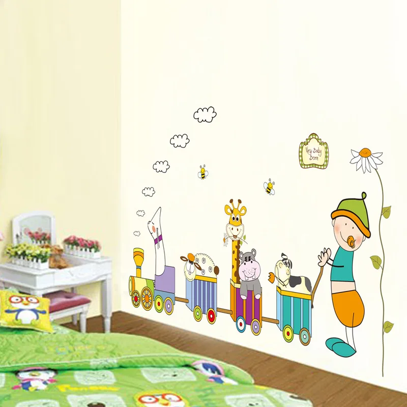 170*90cm Cartoon Animals Train Home Decor for Kids Room Lovley Baby Wall Stickers PVC DIY Vinyl Decals Art Wallpaper | Дом и сад
