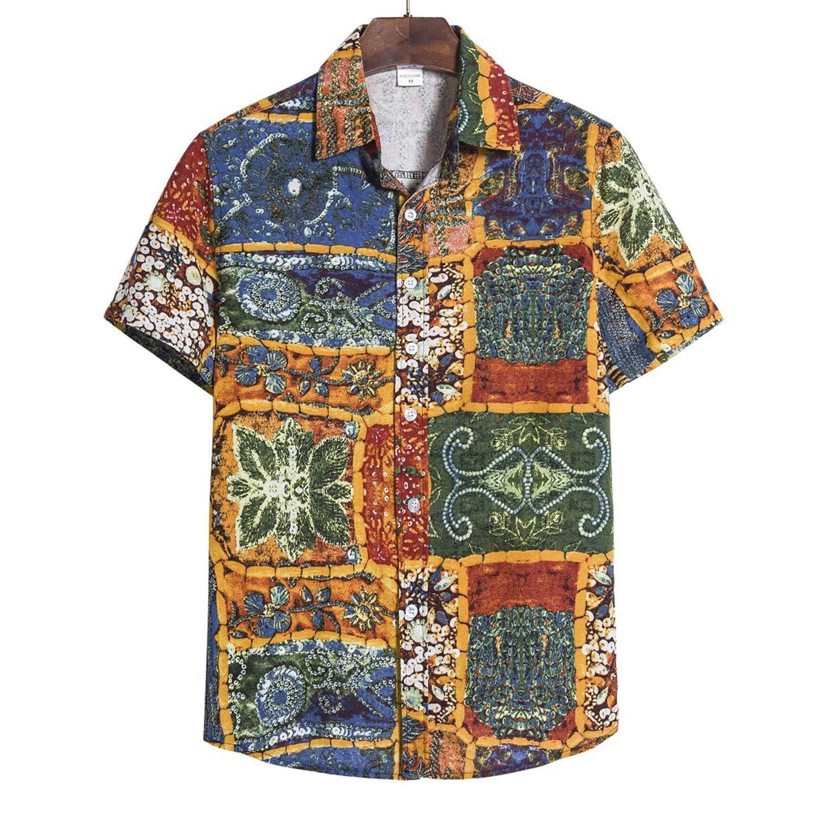 

Handsome Ethnic Camisas Men Short Sleeve Shirt Hawaiian Beach Flower Shirt Men Turtleneck Cardigan Shirt Vintage Clothes Chemise